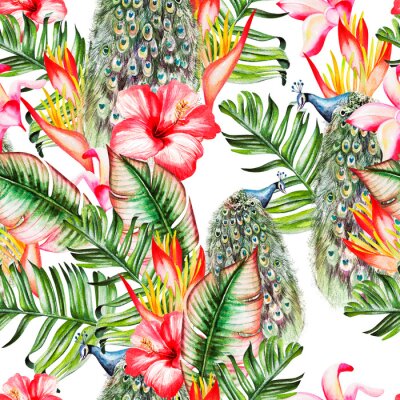 Papier peint  Beautiful watercolor seamless pattern with tropical leaves and peacock, hibiscus flowers and strelitzia. 
