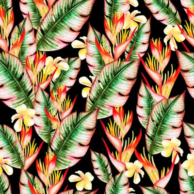 Papier peint  Beautiful watercolor seamless pattern with tropical leaves and strelitzia flowers. 