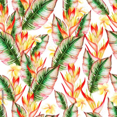 Papier peint  Beautiful watercolor seamless pattern with tropical leaves and strelitzia flowers. 
