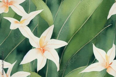 Papier peint  Beautiful watercolor seamless pattern with tropical leaves and strelitzia flowers. Illustration