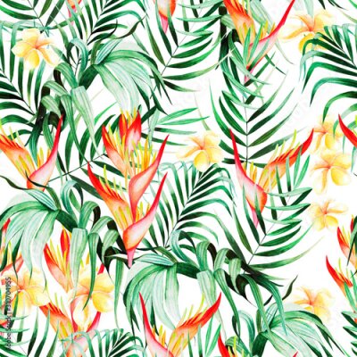 Papier peint  Beautiful watercolor seamless pattern with tropical leaves, hibiscus flowers and strelitzia. 