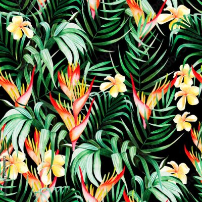 Papier peint  Beautiful watercolor seamless pattern with tropical leaves, hibiscus flowers and strelitzia. 