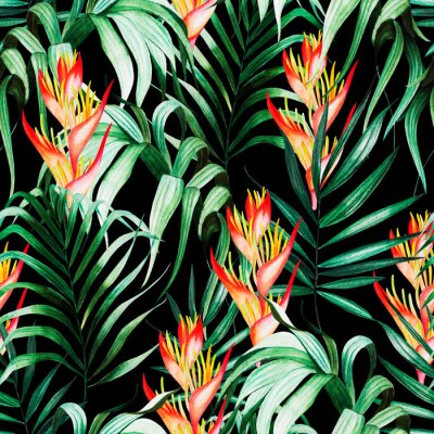 Papier peint  Beautiful watercolor seamless pattern with tropical leaves, strelitzia flowers. 