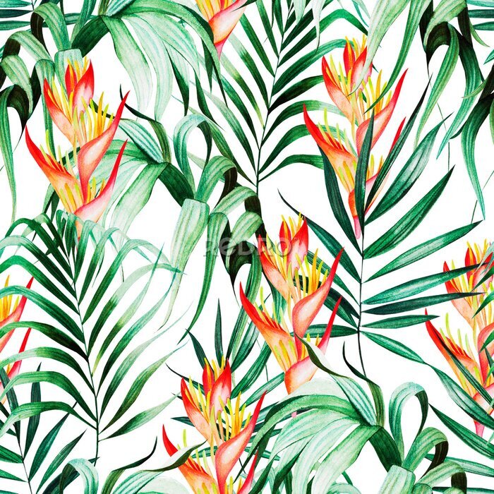 Papier peint  Beautiful watercolor seamless pattern with tropical leaves, strelitzia flowers. 