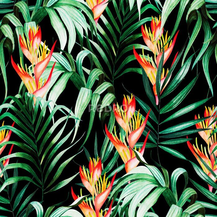 Papier peint  Beautiful watercolor seamless pattern with tropical leaves, strelitzia flowers. 