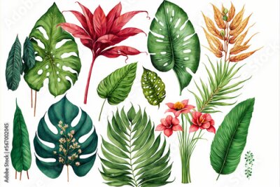Papier peint  beautiful watercolor wild tropical leaves and flowers Monstera, hibiscus flower, calla lily, strelitzia. Watercolor botanical, Generative AI