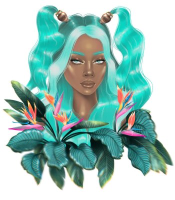 Papier peint  Beautiful women illustration. Fashion women portrait with strelitzia flowers.