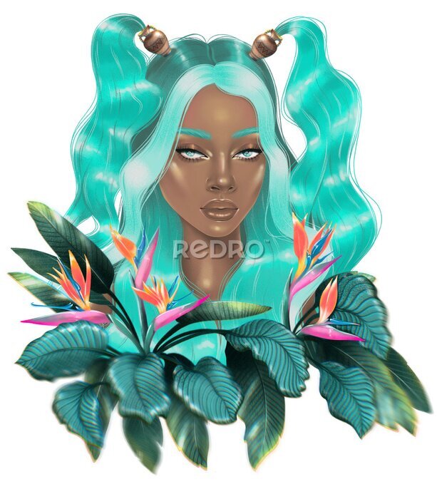 Papier peint  Beautiful women illustration. Fashion women portrait with strelitzia flowers.