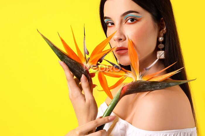 Papier peint  Beautiful young woman with strelitzia flowers on color background