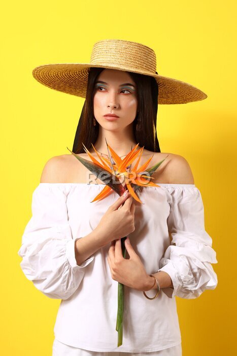 Papier peint  Beautiful young woman with strelitzia flowers on color background