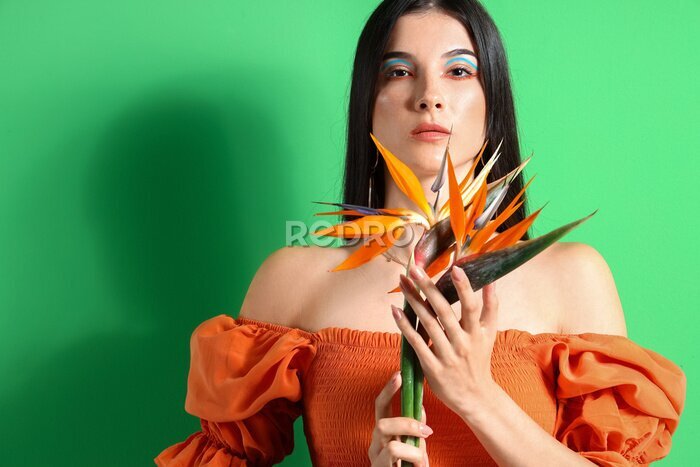 Papier peint  Beautiful young woman with strelitzia flowers on color background
