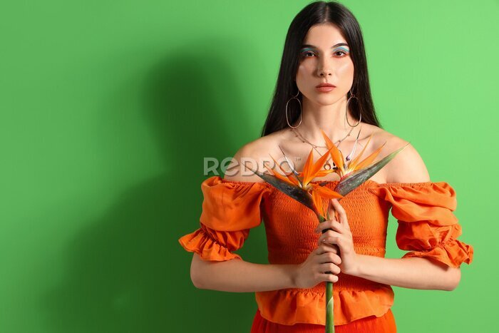 Papier peint  Beautiful young woman with strelitzia flowers on color background