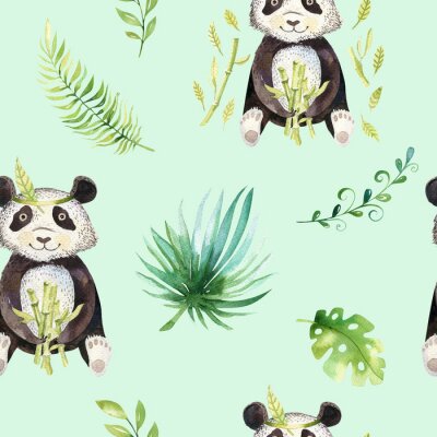 Bébé, animaux, pépinière, isolé, seamless, modèle. Dessin tropical de boho à l'aquarelle, dessin tropical enfant mignon panda et palmier, texture de texture tropicale verte