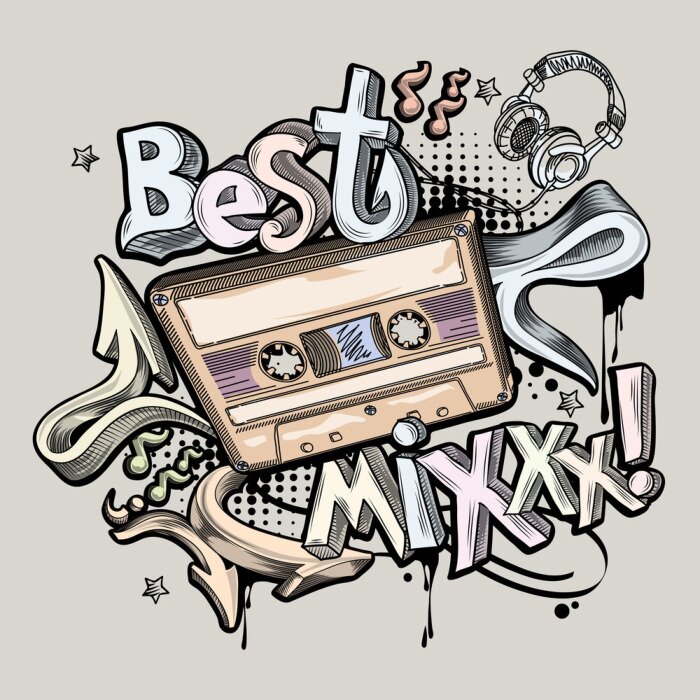 Papier peint  Best Mix - design musical avec des cassettes audio et graffiti