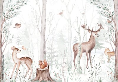 Papier peint  Biche et cerf dans une forêt pittoresque
