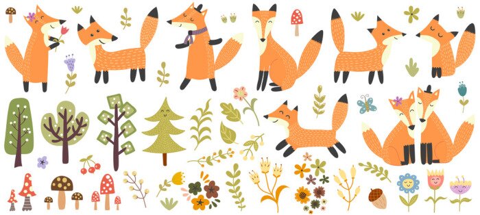 Papier peint  Big set of cute foxes, trees and plants. Forest elements collection