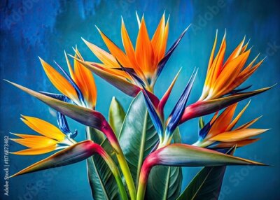 Papier peint  Bird of Paradise Bouquet, Close Up, Tropical Flowers, Strelitzia Reginae, Blue Background, Exotic Blooms, Vibrant Floral Photography