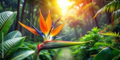Papier peint  Bird of paradise flower blooming in lush tropical forest, tropical, forest, bird of paradise, flower, strelitzia reginae