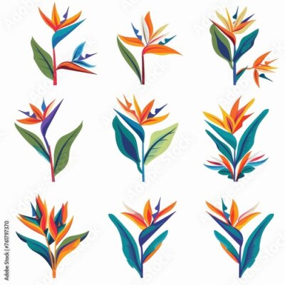 Papier peint  Bird of Paradise Flower Icon Set, Garden Strelitzia Flat Design, Abstract Strelitzia Reginae Symbol