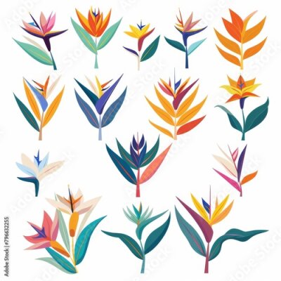 Papier peint  Bird of Paradise Flower Icon Set, Garden Strelitzia Flat Design, Abstract Strelitzia Reginae Symbol