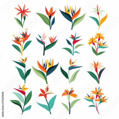 Papier peint  Bird of Paradise Flower Icon Set, Garden Strelitzia Flat Design, Abstract Strelitzia Reginae Symbol