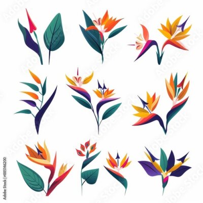 Papier peint  Bird of Paradise Flower Icon Set, Garden Strelitzia Flat Design, Abstract Strelitzia Reginae Symbol
