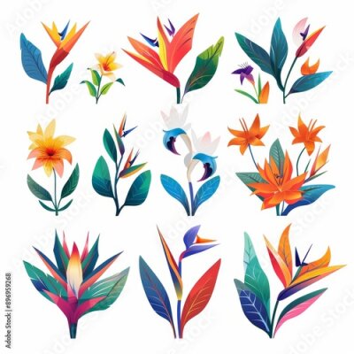 Papier peint  Bird of Paradise Flower Icon Set, Garden Strelitzia Flat Design, Abstract Strelitzia Reginae Symbol