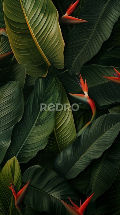 Papier peint  bird of paradise flowers mobile wallpaper strelitzia green leaves pattern background orange yellow petals garden forest jungle nature drawing painting texture design plant illustration environment