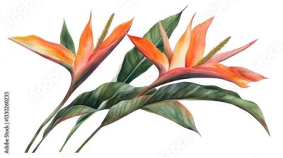 Papier peint  Bird-of-paradise flowers, vibrant orange, and green leaves on white background. Floral botanical illustration