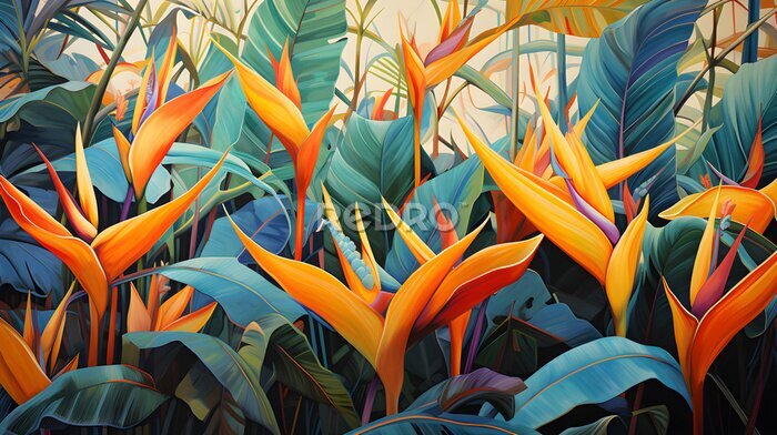 Papier peint  Bird of paradise or Strelitzia Reginae, Tropical foliage watercolor illustration.