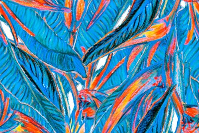 Papier peint  Bird of Paradise Seamless Pattern for Swimwear. Blue and Indigo Strelitzia Feminine Exotic Design.  Bird-of-Paradise Spring-Summer Tile Tropical Leaf Background. Large Polynesia Floral Print.