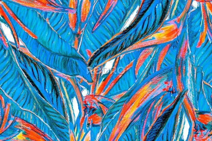 Papier peint  Bird of Paradise Seamless Pattern for Swimwear. Blue and Indigo Strelitzia Feminine Exotic Design.  Bird-of-Paradise Spring-Summer Tile Tropical Leaf Background. Large Polynesia Floral Print.