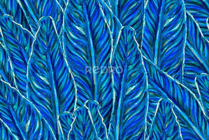 Papier peint  Bird of Paradise Seamless Pattern for Swimwear. Blue and Indigo Strelitzia Feminine Exotic Design.  Bird-of-Paradise Spring-Summer Tile Tropical Leaf Background. Large Polynesia Floral Print.