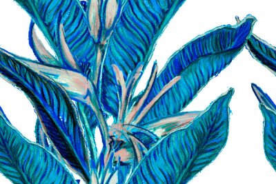 Papier peint  Bird of Paradise Seamless Pattern for Swimwear. Blue and Indigo Strelitzia Feminine Exotic Design.  Tropical Leaf Background. Large Polynesia Floral Print. Bird-of-Paradise Spring-Summer Tile