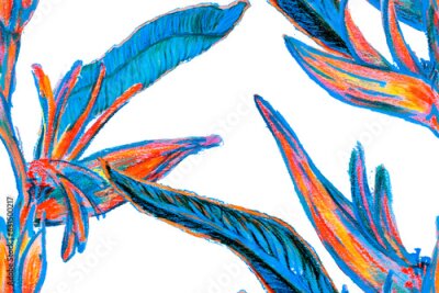 Papier peint  Bird of Paradise Seamless Pattern for Swimwear. Blue and Indigo Strelitzia Feminine Exotic Design.  Tropical Leaf Background. Large Polynesia Floral Print. Bird-of-Paradise Spring-Summer Tile