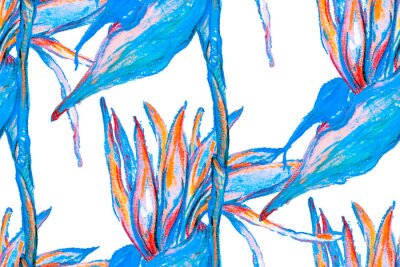 Papier peint  Bird of Paradise Seamless Pattern for Swimwear. Blue and Indigo Strelitzia Feminine Exotic Design.  Tropical Leaf Background. Large Polynesia Floral Print. Bird-of-Paradise Spring-Summer Tile