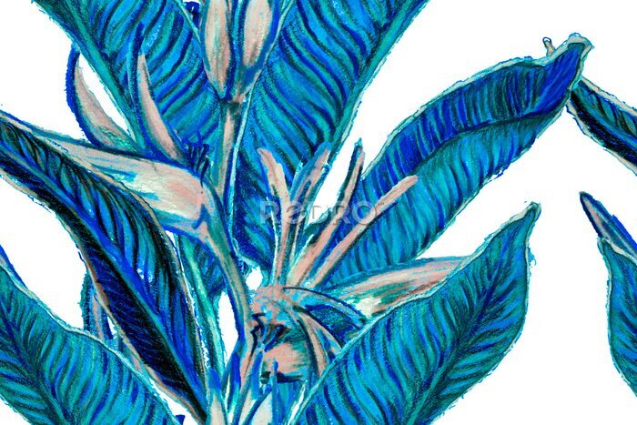 Papier peint  Bird of Paradise Seamless Pattern for Swimwear. Blue and Indigo Strelitzia Feminine Exotic Design.  Tropical Leaf Background. Large Polynesia Floral Print. Bird-of-Paradise Spring-Summer Tile