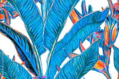 Papier peint  Bird of Paradise Seamless Pattern for Swimwear. Blue and Indigo Tropical Leaf Background. Large Polynesia Floral Print. Bird-of-Paradise Spring-Summer Tile Strelitzia Feminine Exotic Design.