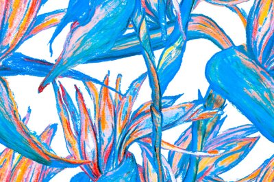 Papier peint  Bird of Paradise Seamless Pattern for Swimwear. Blue and Indigo Tropical Leaf Background. Large Polynesia Floral Print. Strelitzia Feminine Exotic Design.  Bird-of-Paradise Spring-Summer Tile