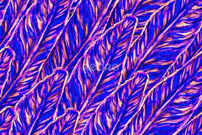 Papier peint  Bird of Paradise Seamless Pattern for Swimwear. Blue and Magenta Bird-of-Paradise Spring-Summer Tile Tropical Leaf Background. Large Polynesia Floral Print. Strelitzia Feminine Exotic Design.