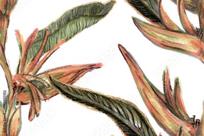 Papier peint  Bird of Paradise Seamless Pattern for Swimwear. Green and Yellow Bird-of-Paradise Spring-Summer Tile Strelitzia Feminine Exotic Design.  Tropical Leaf Background. Large Polynesia Floral Print.