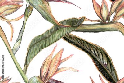 Papier peint  Bird of Paradise Seamless Pattern for Swimwear. Green and Yellow Bird-of-Paradise Spring-Summer Tile Tropical Leaf Background. Large Polynesia Floral Print. Strelitzia Feminine Exotic Design.