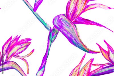 Papier peint  Bird of Paradise Seamless Pattern for Swimwear. Purple and Magenta Tropical Leaf Background. Large Polynesia Floral Print. Strelitzia Feminine Exotic Design.  Bird-of-Paradise Spring-Summer Tile