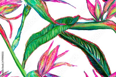 Papier peint  Bird of Paradise Seamless Pattern for Swimwear. Teal Green and Red Strelitzia Feminine Exotic Design.  Tropical Leaf Background. Large Polynesia Floral Print. Bird-of-Paradise Spring-Summer Tile