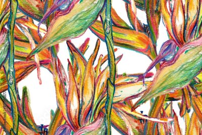 Papier peint  Bird of Paradise Seamless Pattern for Swimwear. Teal Green and Red Tropical Leaf Background. Large Polynesia Floral Print. Bird-of-Paradise Spring-Summer Tile Strelitzia Feminine Exotic Design.