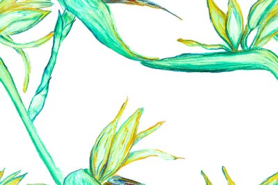 Papier peint  Bird of Paradise Seamless Pattern for Swimwear. Teal Green Bird-of-Paradise Spring-Summer Tile Tropical Leaf Background. Large Polynesia Floral Print. Strelitzia Feminine Exotic Design.