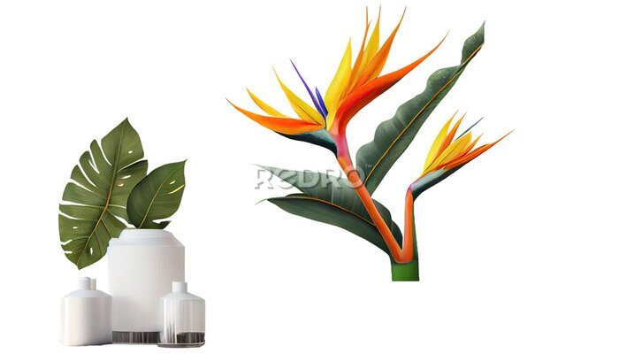 Papier peint  Bird of paradise, Strelitzia reginae, Striking tropical plant with colorful blooms, png, cutout