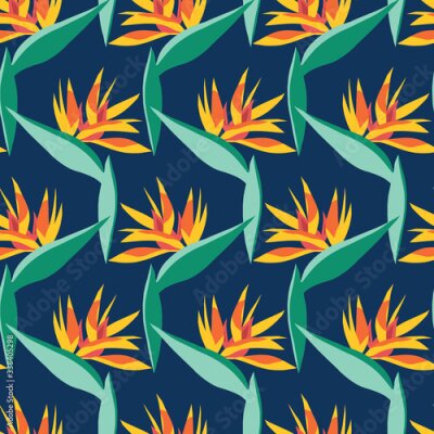 Papier peint  Bird of paradise tropical flower seamless vector pattern. African crane flower or strelitzia reginae blossom on blue background. Tropical floral plant design for fabric, wallpaper, wrapping, summer