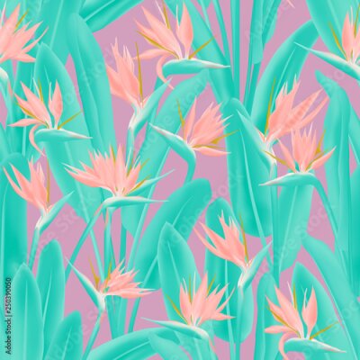 Papier peint  Bird of paradise tropical flower vector seamless pattern. Bohemian tropical plant fabric print design. South African plant tropical blossom of crane flower, strelitzia. Floral textile print.