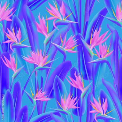 Papier peint  Bird of paradise tropical flower vector seamless pattern. Bohemian tropical plant fabric print design. South African plant tropical blossom of crane flower, strelitzia. Floral textile print.